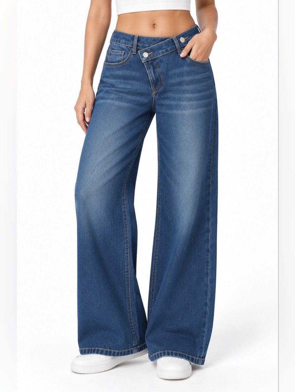 Halara Flex High Waisted Asymmetrical Baggy Jeans Blue Medium Petite stretch